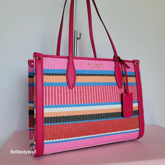 KATE SPADE Market Striped Woven Straw Medium Tote Bag-Wild Raspberry Multi ⭐ - Picture 3 of 16